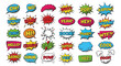 © Donald - A vibrant collection of colorful speech bubbles and comic book style text effects are presented on a white surface.
