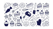 © Ambreen - Bakery doodle vector set, hand-drawn pastry and baking tools collection, sweet dessert illustrations for menus and recipe designs