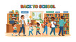 © Abu - Back to School Scene: A vibrant illustration depicting students and teachers entering a library, surrounded by bookshelves filled with knowledge, ushering in the excitement of the new academic year.