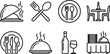 © Munnat - Restaurant dining and catering service line icon set with cloche plate cutlery table and wine vectors