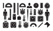 © MDABDUR - Diverse measuring equipment icons with protractors thermometers and timers for research.