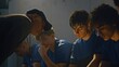 © Framestock - Middle Aged Sports Coach Lecturing Youth Soccer Team in Locker Room. Team Sits Quietly on Benches, Processing Harsh Feedback. High Stakes, Tension, and Emotional Weight of Competitive Youth Sports.