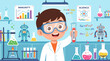 © nayakastudio - Curious young scientist in lab coat and goggles holding test tube with red liquid, surrounded by science equipment and charts, representing innovation, discovery and education for children.