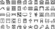 © MstYasmin - House construction and home interior line icon vector set featuring residential buildings, furniture, outdoor backyard elements, kitchen appliances, and real estate icons
