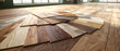 © Olga Ко - Imagen generada por IA de muestras de suelo laminado en abanico sobre parquet de madera en habitación luminosa, tablones de vinilo en tonos naturales de roble y nogal, concepto de reforma del hogar.