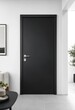 © shahjalal - Modern black door centered in bright minimalist interior featuring matte finish, sleek steel handle, soft natural lighting, clean white walls, contemporary architectural design.