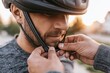 © whitestorm - Man fastening helmet chin strap for cycling safety, close-up outdoor portrait with warm sunset light.