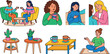 © Atikul - Psychological Counseling and Mental Support Vector Clipart Set with Women Discussing Problems, Friends Comforting Crying Patient, and Cafe Table Furniture Elements