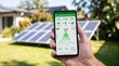© Wisnu - Hand holding smartphone with solar energy monitoring app on screen and solar panels in backyard