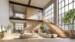 © id512 - Modern luxury living room with mezzanine wooden staircase and floor to ceiling windows