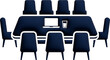 © riponhossain - Minimalist conference room illustration, dark blue boardroom table with chairs, corporate meeting space icon with laptop and glass of water