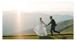 © Nurbaity - Bride and groom running in mountain meadow at sunset