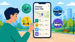 © LarisaM - Flat vector illustration of a smart mobility mobile app for selecting transportation options. User choosing bike, scooter, bus or car sharing service for convenient urban travel and commuting.