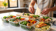 © simz - Chef Preparing Healthy Meal Prep Containers with Salmon and Chicken