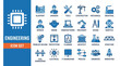 © Naghma - Engineering Icon Set Vector Illustration – Blueprint, Tools, Robotics, Construction, Mechanical, Industrial, Civil, Electrical, IT Engineering Design, Modern Technology Concept Art Vector