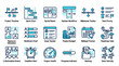 © Mobo - Professional blue outline icons for project management featuring project timeline, gantt chart, sprint board, kanban workflow, milestone tracker, and task priority