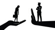 © Zubair - Minimalist vector illustration showing a sad female employee opposite a powerful king on giant hands