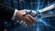 © IbragimovN - Human and robot shaking hands in futuristic environment