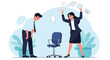 © Parvez - Workplace scene showing an angry female boss shouting and throwing papers at a sad and stressed male employee in a modern office.