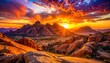 © rozan - Dramatic sunset illuminating a rugged mountainous landscape with sun rays breaking through clouds.
