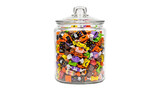 Halloween candy in glass jar, colorful trick or treat sweets in transparent container, festive orange and purple sugar confectionery isolated PNG with Transparent Background