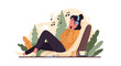 © Alea - Vector illustration of a woman wearing blue headphones, relaxing on a comfortable lounge chair with her eyes closed, listening to music with floating notes and tea nearby.