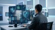 © William - Cybersecurity specialist working at computer with virtual shields and locks, protecting data privacy and network infrastructure from digital threats in modern high-tech office e...