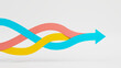 © Anonymous - Three colored ribbons intertwining to form a single pointer arrow, floating over a clean white background representing unified direction and synergy