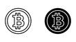 © Hussain - Bitcoin Coin Icons: A set of two stylized icons representing the cryptocurrency Bitcoin, one in outline and the other in solid black, symbolizing digital currency and financial technology.