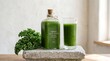 © MAHFUJAHMED - Fresh organic kale juice bottle and glass on a stone stand for healthy nutrition