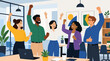 © Polash - Multiethnic colleagues celebrating success with raised hands in bright modern office, joyful teamwork, startup milestone and workplace achievement in flat vector illustration for inclusive culture