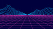 © muhammad - Retro futuristic neon wireframe landscape with glowing magenta grid road and cyan mountain horizons on deep midnight blue background, synthwave cyberspace vector illustration for digital technology