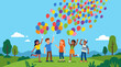 © shabazy - Happy diverse friends releasing bright colorful balloons in a sunny park, cheerful summer celebration with rolling hills, trees, blue sky and playful outdoor friendship vector scene