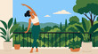 © Mdsoybar - Graceful young woman performing a peaceful yoga stretch on a sunny balcony surrounded by lush green potted plants overlooking a vibrant forest landscape under a clear blue sky with fluffy clouds in