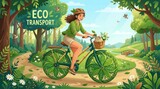 Woman riding a bicycle with leaf wheels on a forest path in nature style