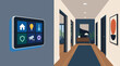 © MD - Futuristic illuminated smart home control panel mounted on modern hallway wall featuring intuitive touchscreen icons for lighting security climate and surveillance in sleek minimalist interior vector