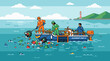 © MDAhosun - Dedicated ocean cleanup crew on a work boat scooping floating plastic waste from calm turquoise water, protecting marine life and coastlines with sustainable pollution removal vector illustration