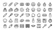 © AlviAhmed - Bakery and pastry cooking line icon set with bread cakes cookies pastries donuts and kitchen utensils