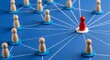 © Wajid - Red leader pawn connecting to wooden group members on blue network map with leadership connection business