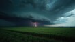 © Leonardo - Una imponente tormenta eléctrica acercándose a un vasto paisaje agrícola rural; oscuras nubes de tormenta estratificadas cubren el cielo