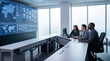© Rendara Studio - Team meeting in a data center control room with a large global monitoring display