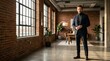 © Konstantin - Confident middle aged man standing in a modern industrial loft apartment. Stylish European male in smart casual attire posing in brick wall interior