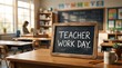 © KhadizaAkther - Teacher Workday Classroom Interior with Blackboard, Desk, Coffee Cup and Modern School Education Workspace