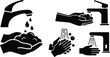 © MSTNAJMA - Hand washing hygiene icons set featuring water tap faucet soap bubbles and sanitizing hands silhouettes for public health safety
