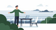 © Adriansan - Man practicing meditation and yoga on a balcony by the ocean at peace