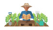 © Kazi - Farmer wearing a wide straw hat sitting cross-legged on the ground while reading a book between rows of young green plants with garden tools nearby.