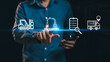 © Joi_studio - Supply chain manager visualizing end-to-end manufacturing operations digitally, optimizing industrial automation, logistics management, smart factory integration, and digital transformation