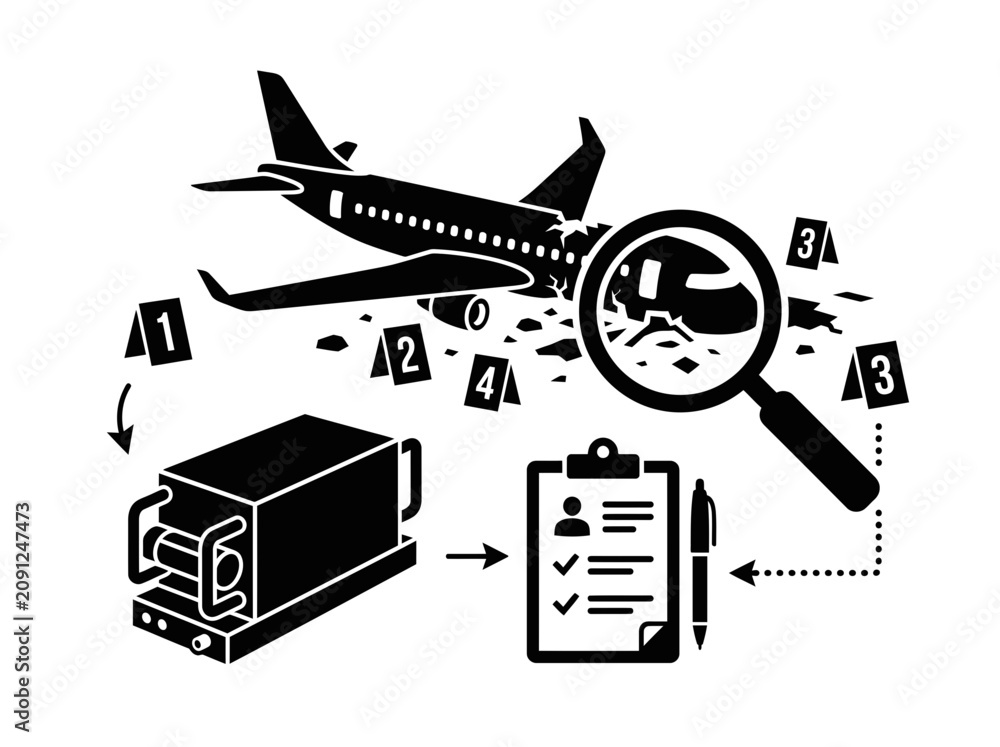 Airplane accident investigation with evidence markers and magnifying ...