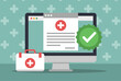 © Arend - Digital health insurance and medical certification concept showing certificate on screen, first aid kit, vector.