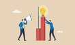 © Parul - Partnership, teamwork on red pillars solve problem, support to togetherness, collaboration and cooperation concept, businessman help support coworker to turn on lightbulb
